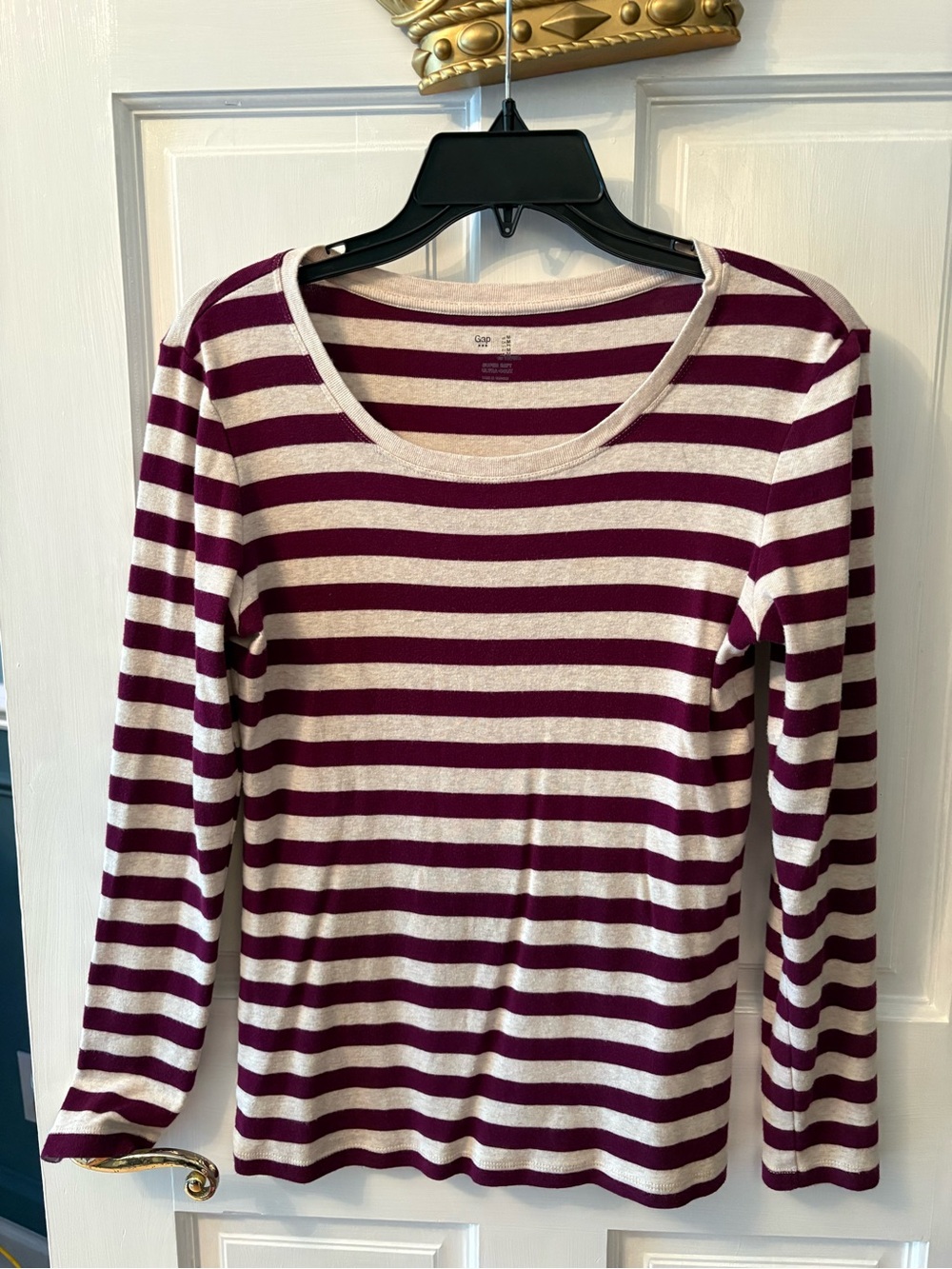 GAP Striped Long-Sleeve Scoop Neck Top - Burgundy & Cream